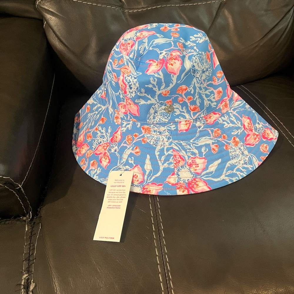 Lilly Pulitzer Floral Bucket Hat Blue and Pink  Reversible UFP 50+ Bahamian Rhap